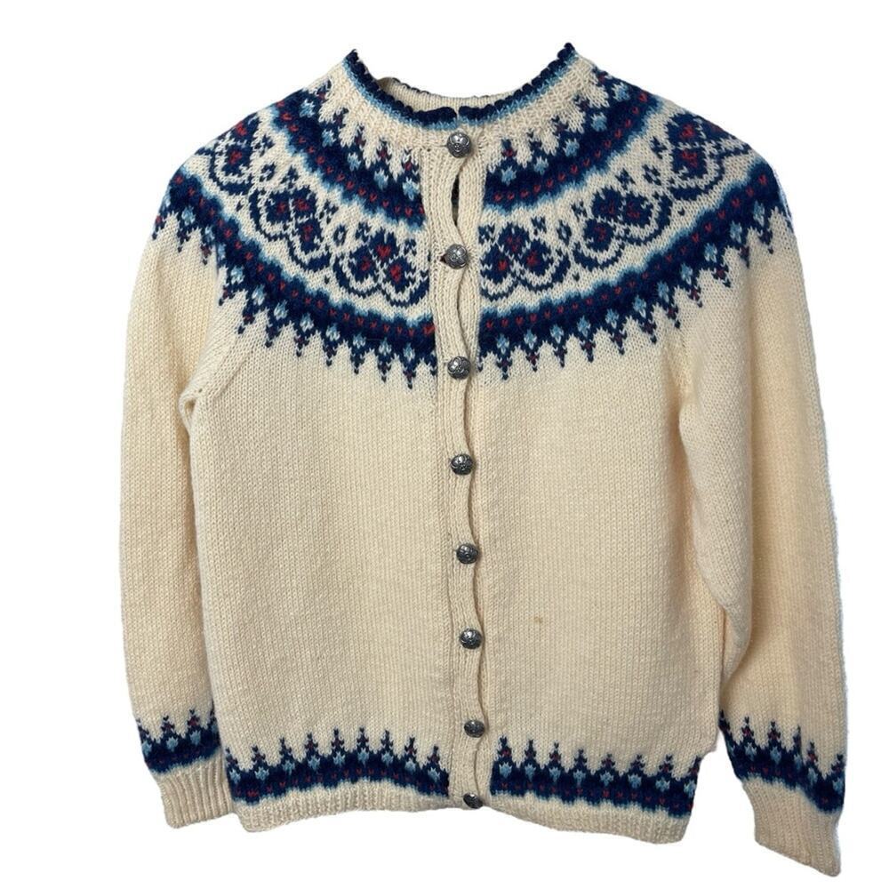 NORSK HUSFLID Vtg 70s Wool Fair Isle Hand knit Fisherman cardigan Blu/Cream, S/M - Picture 2 of 10